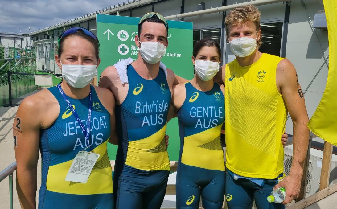 Mixed fortunes: The Australian mixed relay triathlon team of Emma Jeffcoat, Jake Birtwhistle, Ashleigh Gentle and Matt Hauser. Picture: Twitter