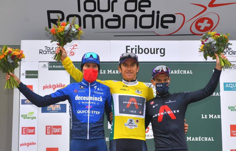 Fausto Masnada, Geraint Thomas and Richie Porte on the podium at Tour de Romandie. Picture: INEOS Grenadiers