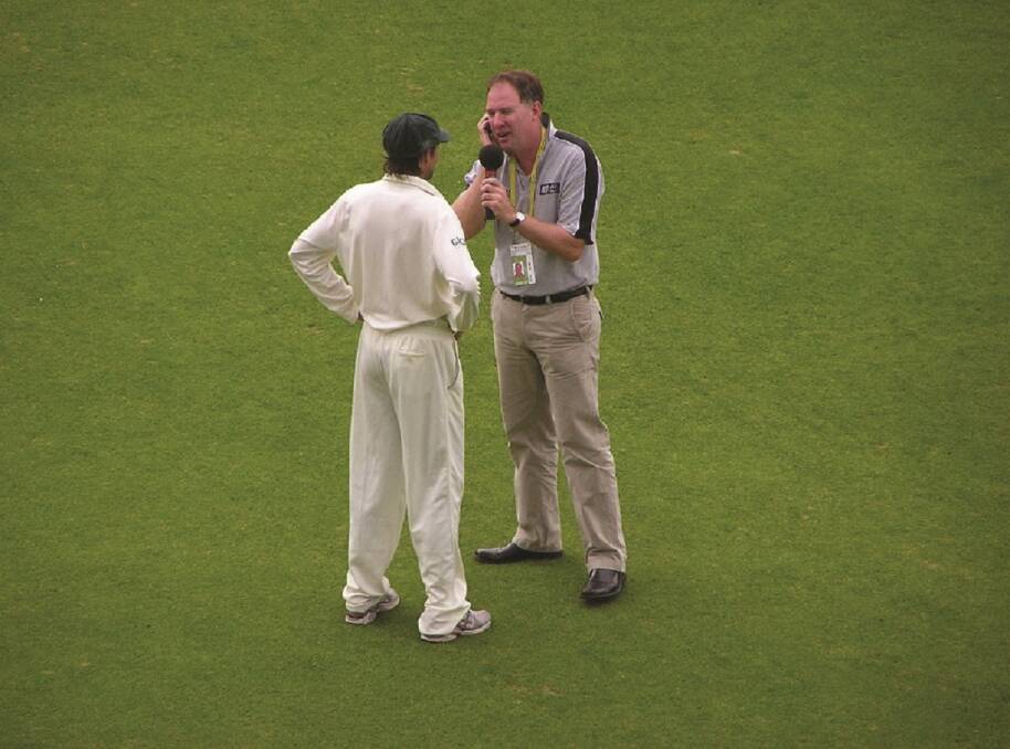 Peter Newlinds interviewing Sean Clingeleffer in the aftermath to Tasmania's Sheffield Shield final victory in 2007.