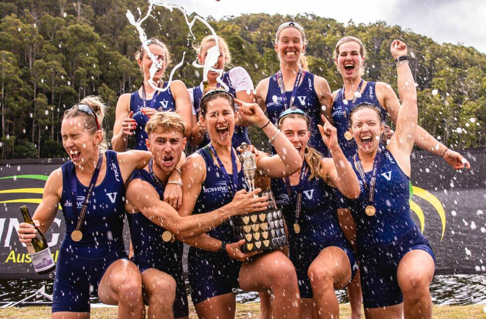 V for victory: Sarah Hawe (back row, third from left) celebrates Queen's Cup success at Lake Barrington with her state of birth, Victoria. Picture: Linda Higginson / RA