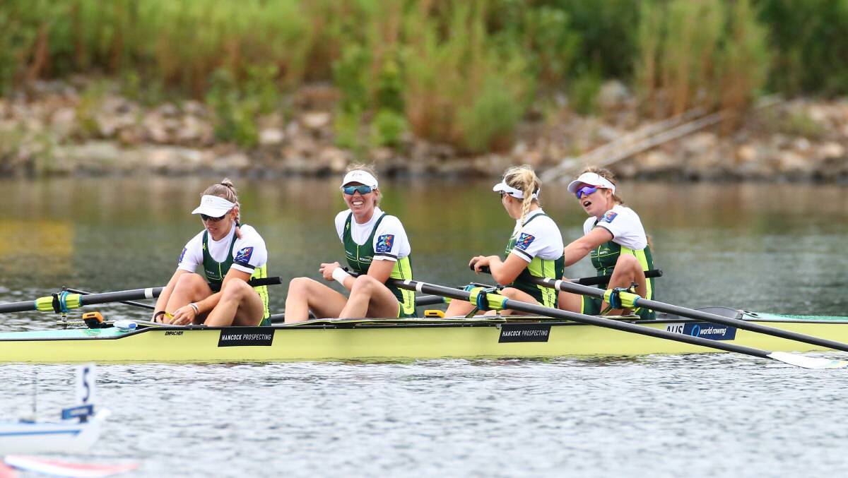 Reason to smile: Sarah Hawe, second from left, in Australia's women's four crew. Picture: Rowing Australia
