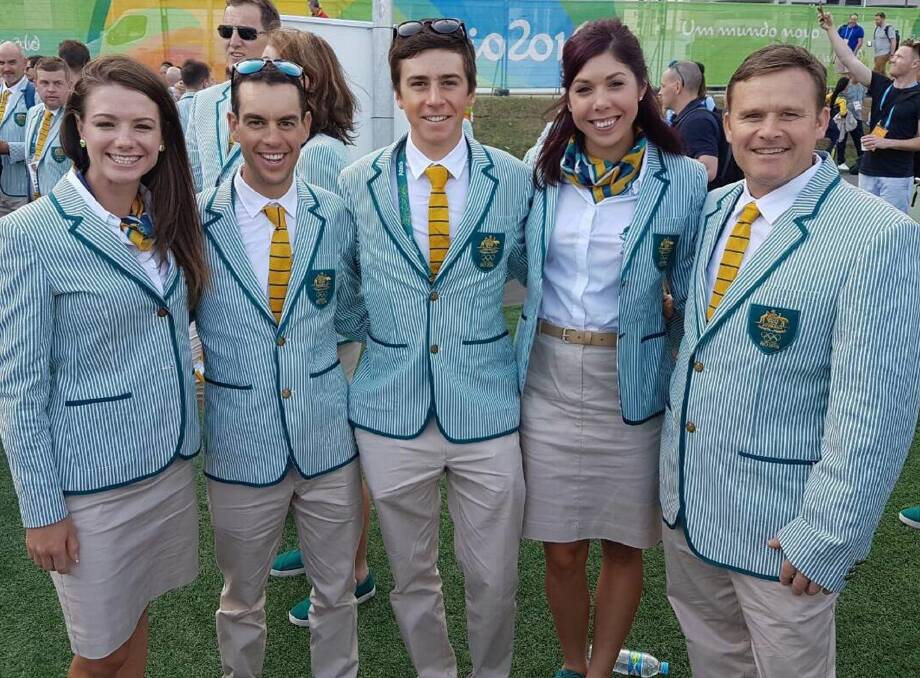 Matthew Gilmore (right) with Tasmanian cyclists Amy Cure, Richie Porte, Scott Bowden and Georgia Baker at the Rio Olympics in 2016.