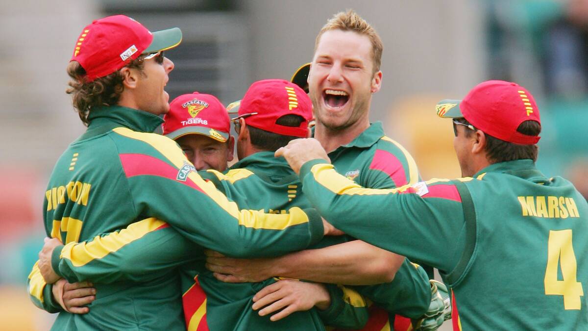 Adam Griffith celebrating the good times with Tasmania. Picture: Getty Images