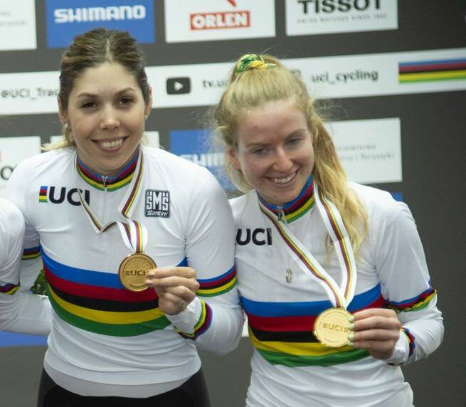 Golden retrievers: Georgia Baker and Alex Manly share team pursuit track world championship success in 2019. Picture: Casey Gibson