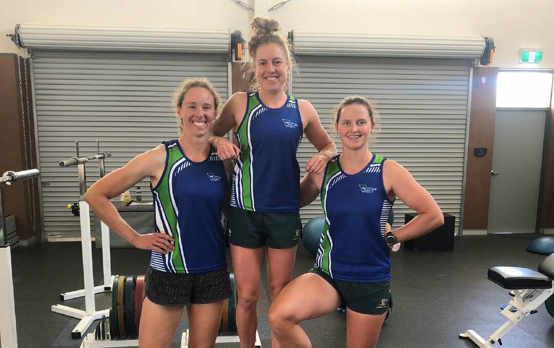 Tasmanian rowers Sarah Hawe, Georgia Nesbitt and Ciona Wilson. Picture: TIS