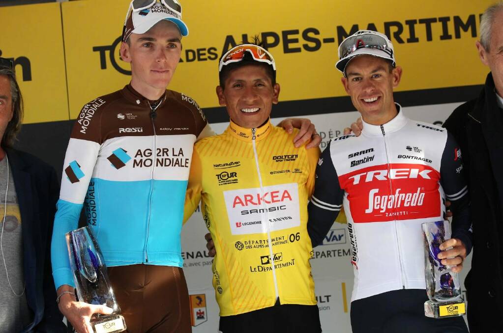 Three's company: Richie Porte shares the podium with Romain Bardet and Nairo Quintana. Picture: Trek-Segafredo