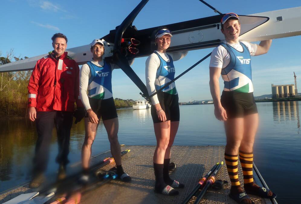 Lapping it up: Coach Brendan Long with rowers Blair Tunevitsch, Ciona Wilson and Henry Youl. Pictures: Rob Shaw