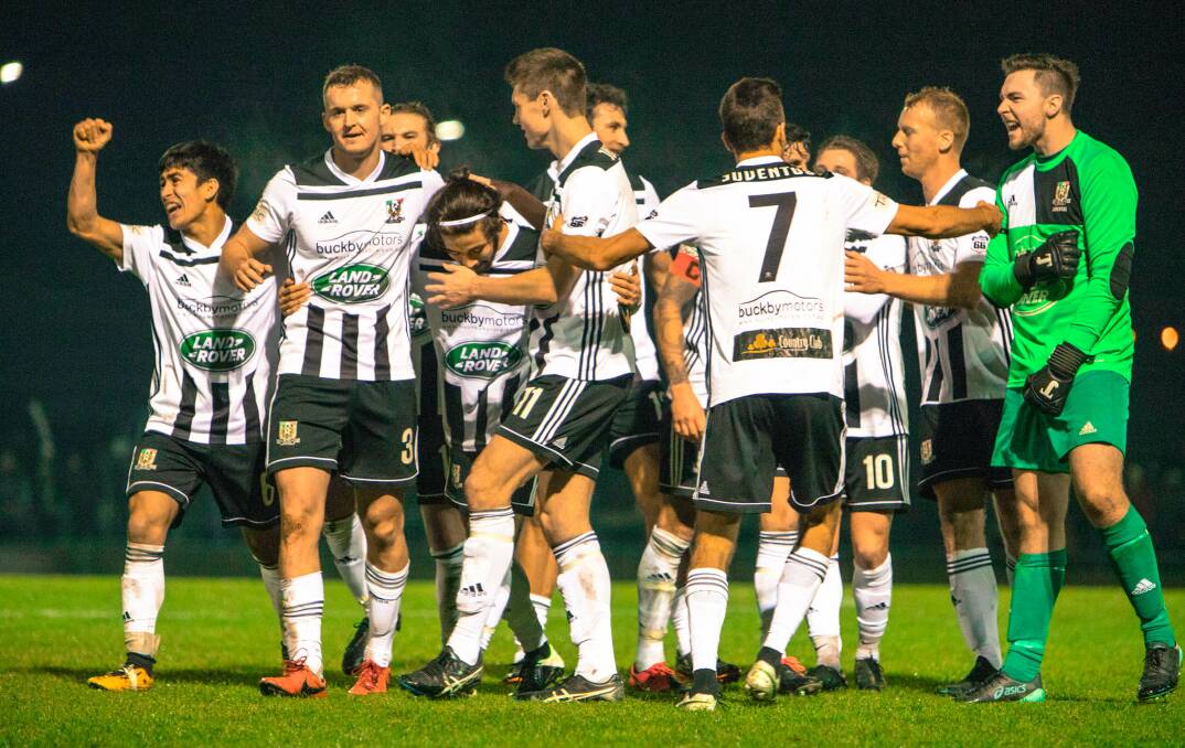 HIGH POINT: Launceston City players celebrate Rob Gerrard's stunning second cup goal against Devonport in July. Picture: Jamie Richardson