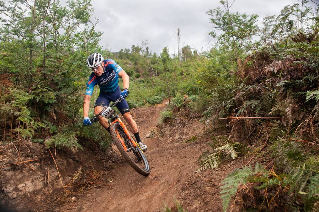 DOWNHILL ALL THE WAY: Trevallyn mountain biker Sam Fox en route to winning the under-23 race at the Australian championships at Maydena. 