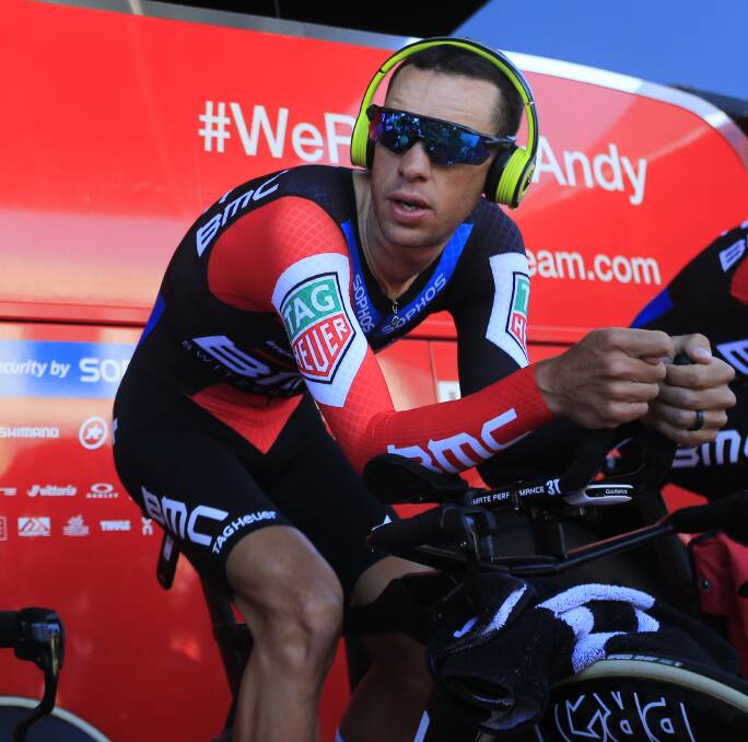 Sound preparation: Richie Porte warms up before the third stage of the Tour de France in Cholet before his crash on stage 9. Picture: AP 