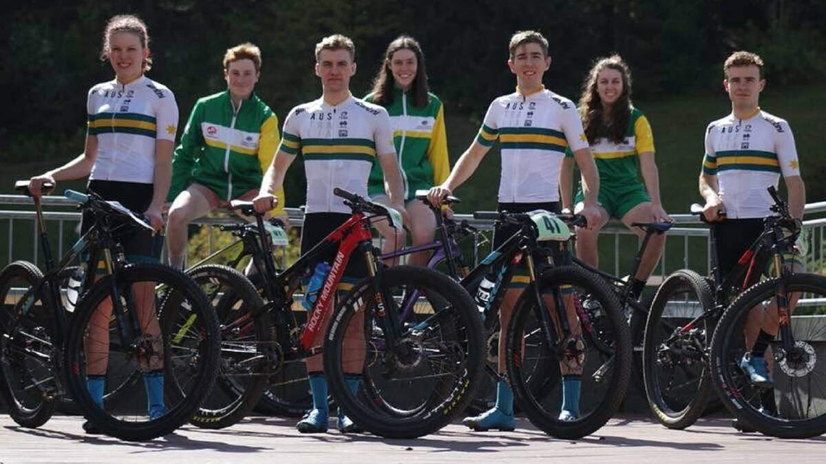 National pride: Riverside's Sam Fox (third from left) with his Australian teammates at the mountain bike world championships. Picture: Facebook