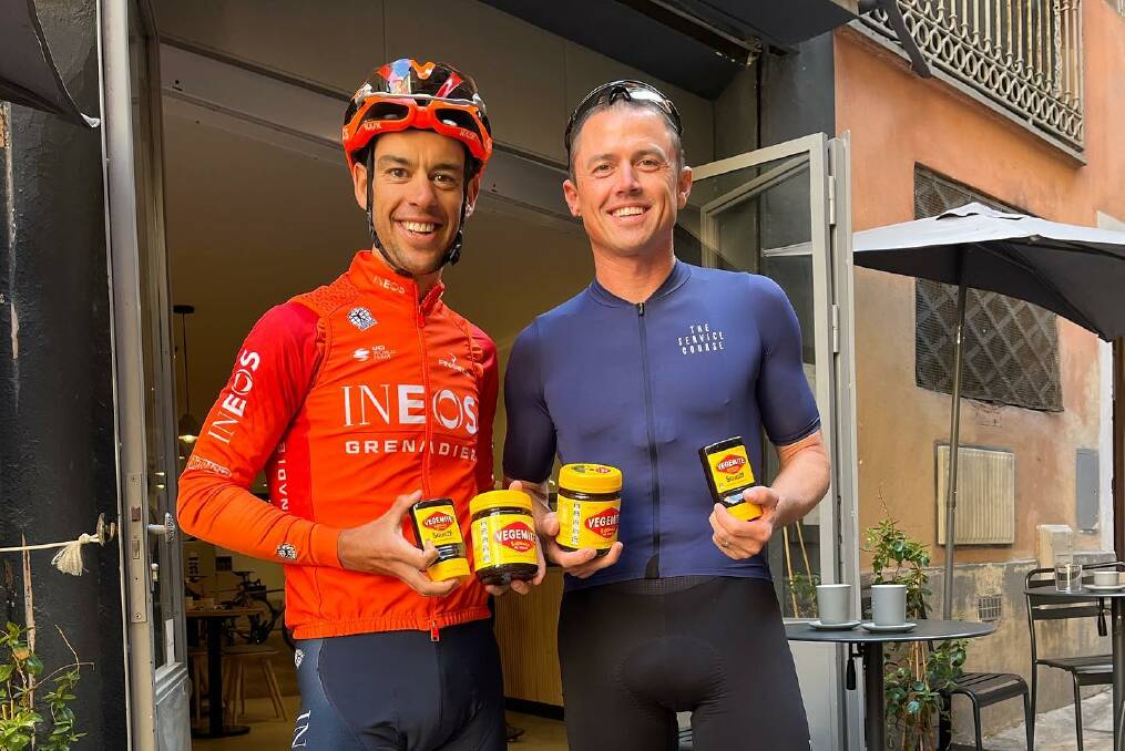 Spread eagles: Richie Porte welcomes a shipment of Vegemite ahead of the Giro d'Italia with fellow Australian Simon Gerrans. Picture: Instagram