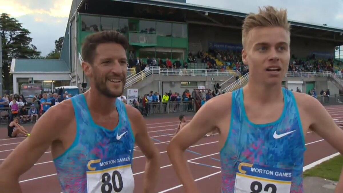 Australians Collis Birmingham and Stewart McSweyn after the 5000m at the Morton Games. Picture: Twitter