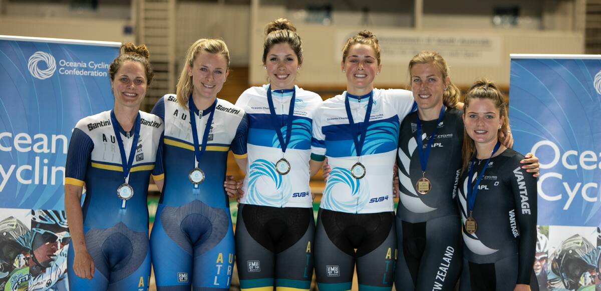 Gold strike: Georgia Baker and Macey Stewart 
top the madison podium at the Oceania Track 
Cycling Championships in Adelaide alongside 
Aussie teammates Ashlee Ankudinoff and Annette 
Edmondson (silver) and New Zealand's bronze 
medallists Michaela Drummond and Rushlee Buchanan. 
Picture: Chameleon Photography