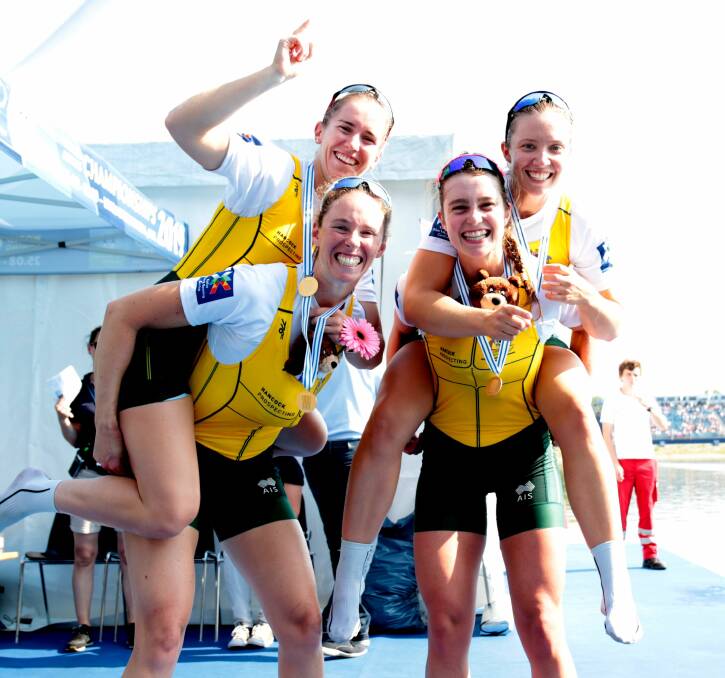 Sarah Hawe (front left) and her victorious crewmates. Picture: Rowing Australia