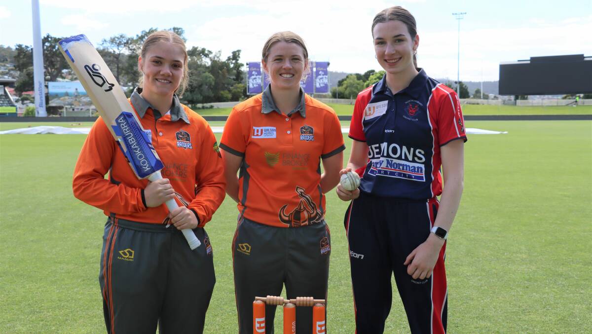 SQUARING UP: Raiders pair Emma Manix-Geeves and Sasha Moloney with North Hobart's Clare Scott before the final. Picture: Cricket Tasmania	
