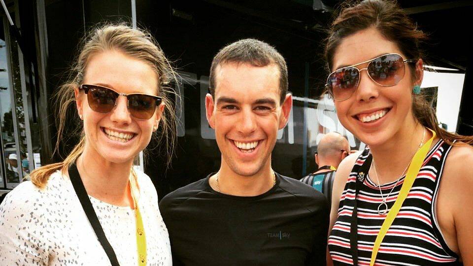 WORLD BEATERS: Track world champions Amy Cure and Georgia Baker catching up with fellow Tasmanian cycling star Richie Porte at the 2015 Tour de France.