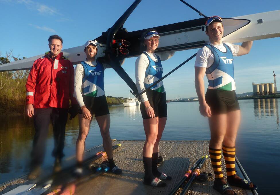 Henry Youl (right) training at Tamar in 2017 with Blair Tunevitsch, Ciona Wilson and Tasmanian Institute of Sport rowing coach Brendan Long. Picture: Rob Shaw