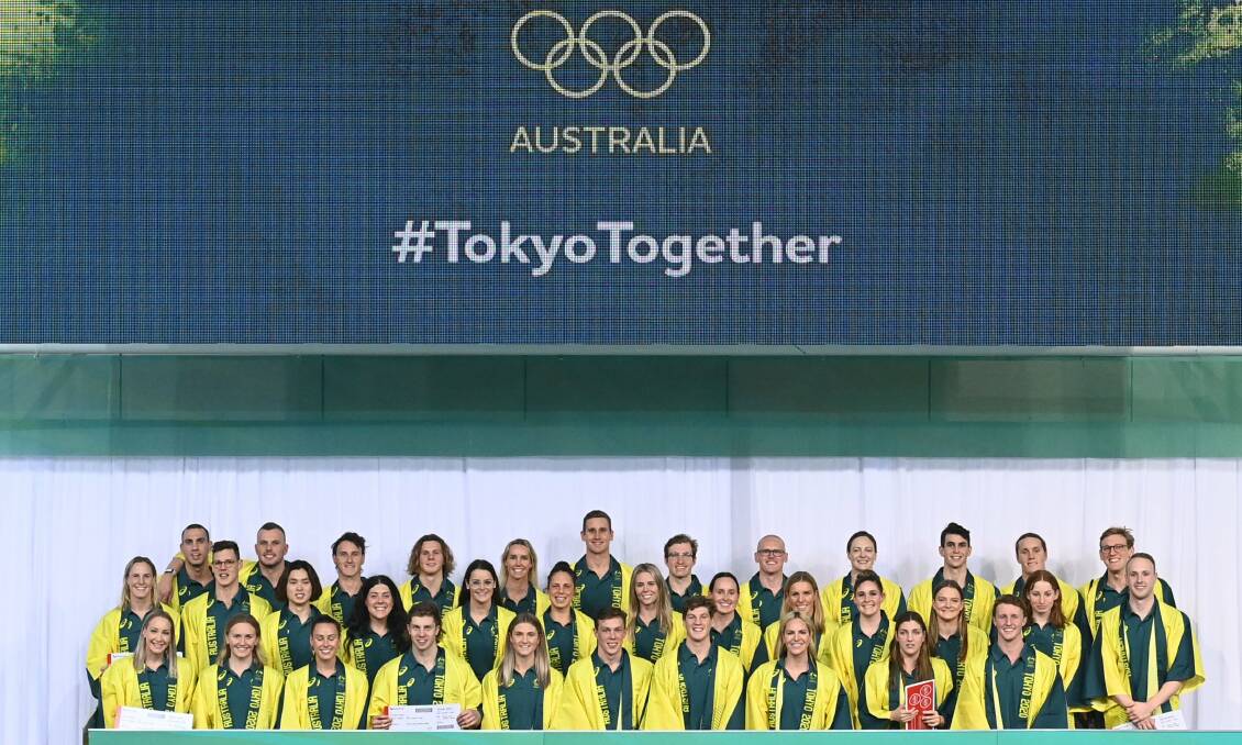 Taking the plunge: Ariarne Titmus (front row, second from left) with the Australian Olympic swim team announced on Thursday. Picture: Twitter