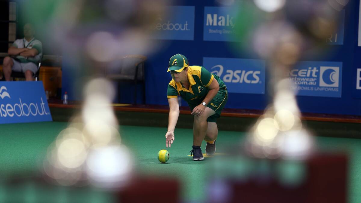 Cup tied: Rebecca Van Asch competing for Australia in the singles final of the 2018 World Cup at Warilla Bowls Club, NSW. Picture: Robert Peet