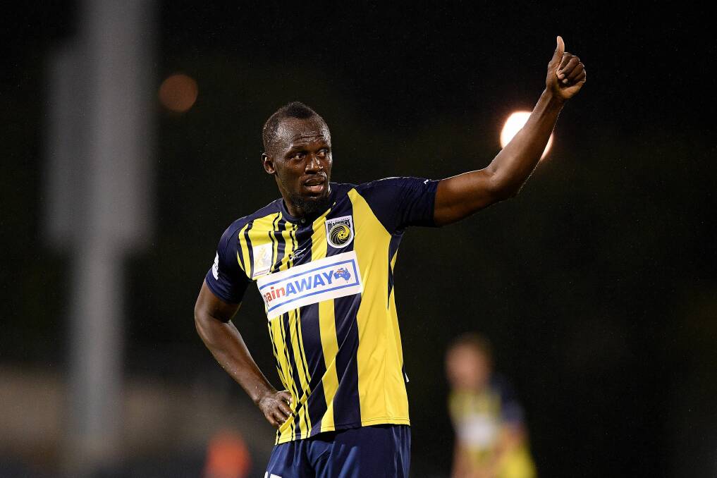 On his marks: Usain Bolt gives his verdict on the success of his switch from athletics to soccer. Picture: AAP 
