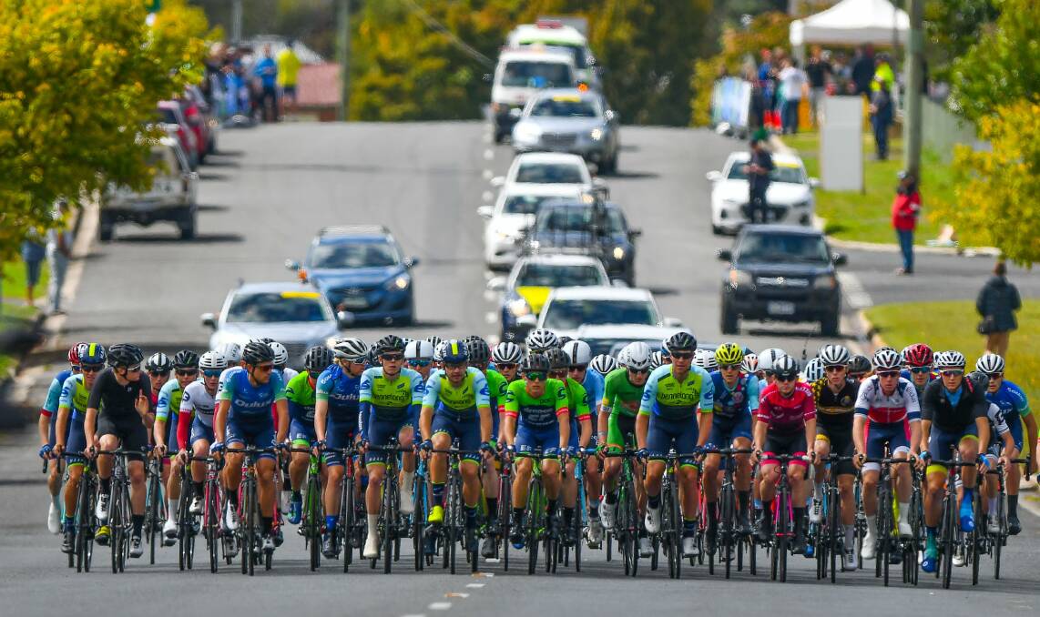 On the road again: The start of the Oceania road cycling championship elite men's race at Railton last March. Picture: Scott Gelston