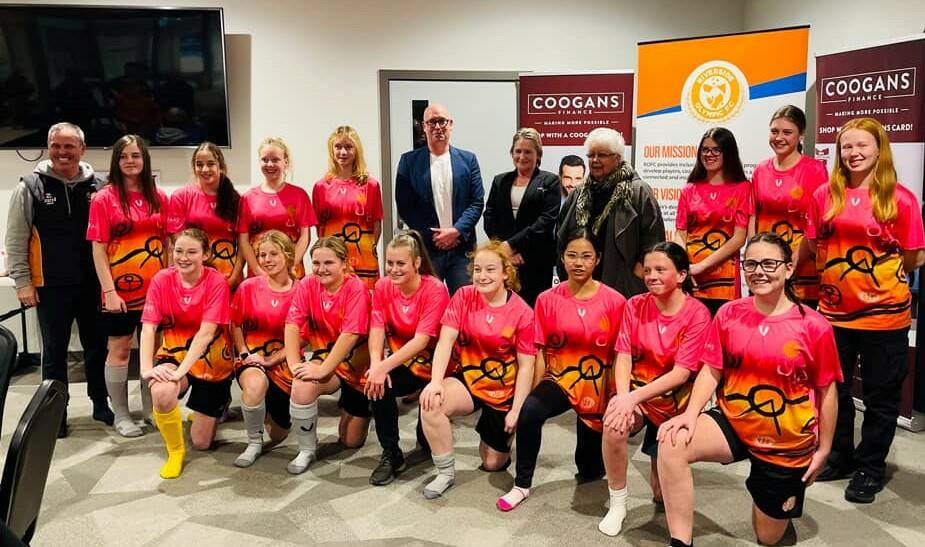TEAM UNITY: Riverside Olympic's under-14 girls team with coach Brian Wightman, Aunty Judith Rose Thomas plus sponsors Chris Brown and Karen Chopping.