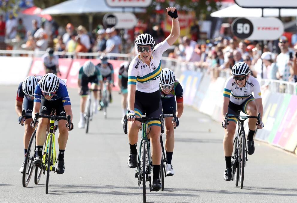 WINNING FEELING: Georgia Baker celebrates as she crosses the line to take the Festival of Cycling's final stage. Picture: Sarah Reed