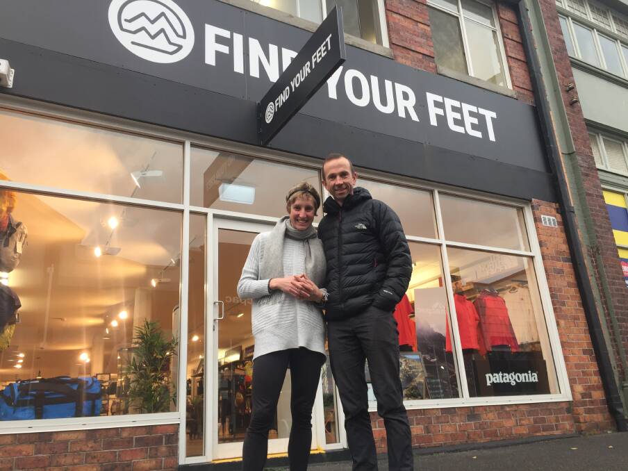 Feet first: Hanny Allston and her husband Graham Hammond outside their Find Your Feet store in Kingsway, Launceston. Picture: Rob Shaw