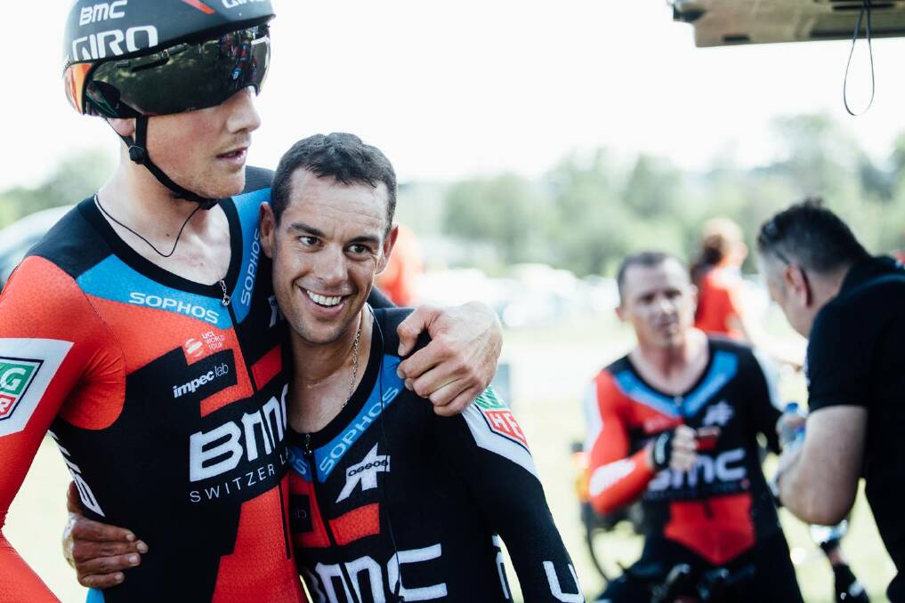 Kung phew: Race leader Stefan Küng and teammate Richie Porte celebrate at the Tour de Suisse. Picture: BMC Racing Team