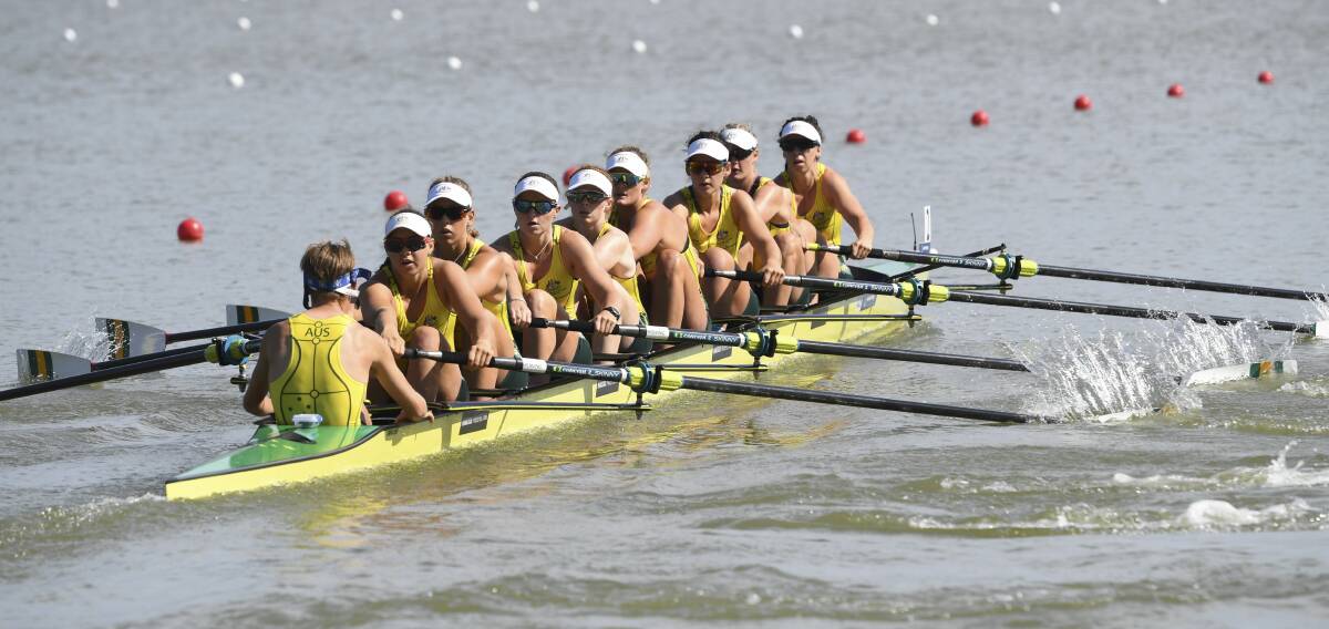 Tamar's Ciona Wilson in seat 6 (fourth from left) in the women's eight that won their heat to progress to the A-Final at the 2018 Rowing World Championships in Plovdiv, Bulgaria. Picture: Rowing Australia