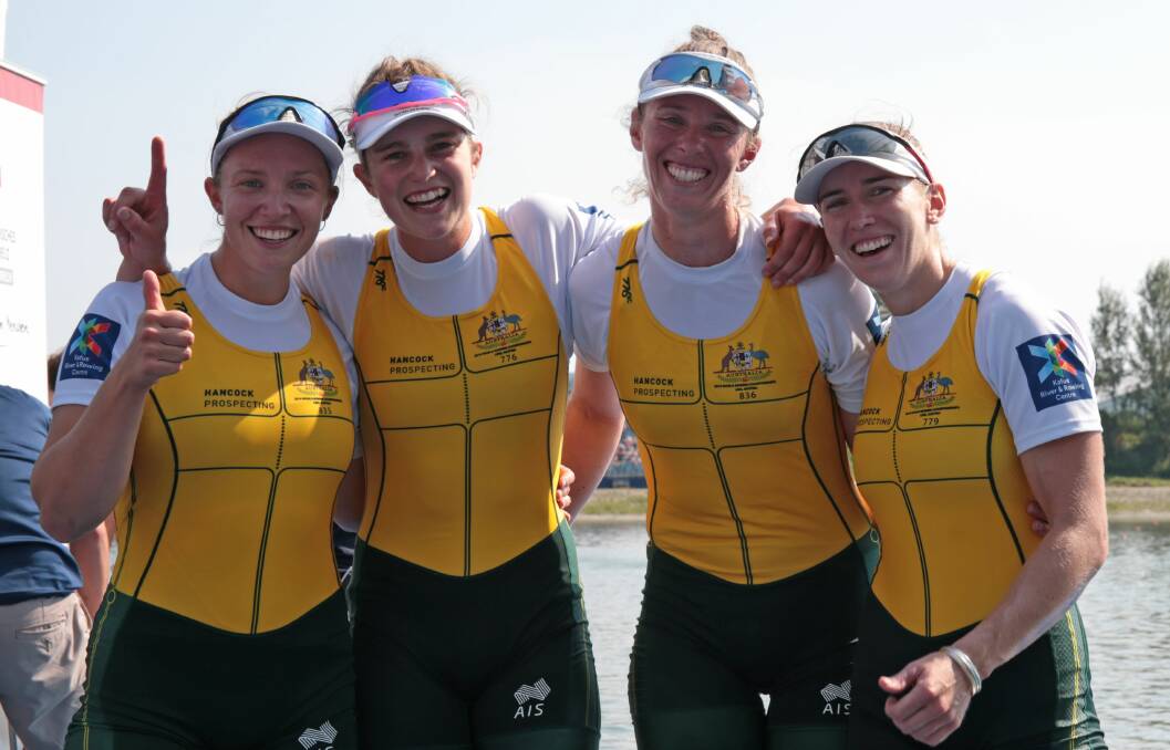 Redemption: Sarah Hawe and her crew celebrate another world title in Austria. Picture: Rowing Australia	