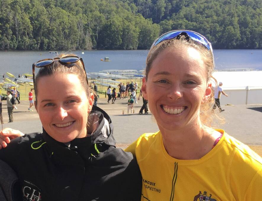 Team work: Tasmania's national teammates Ciona Wilson and Sarah Hawe at May's Australian Rowing Champs held at Lake Barrington. Picture: Rob Shaw