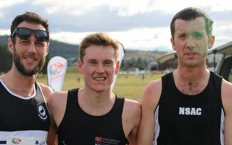 Top three: Winner Dylan Evans (centre) with Grant Page and Phillip McConnon. Picture: Athletics Tasmania
 