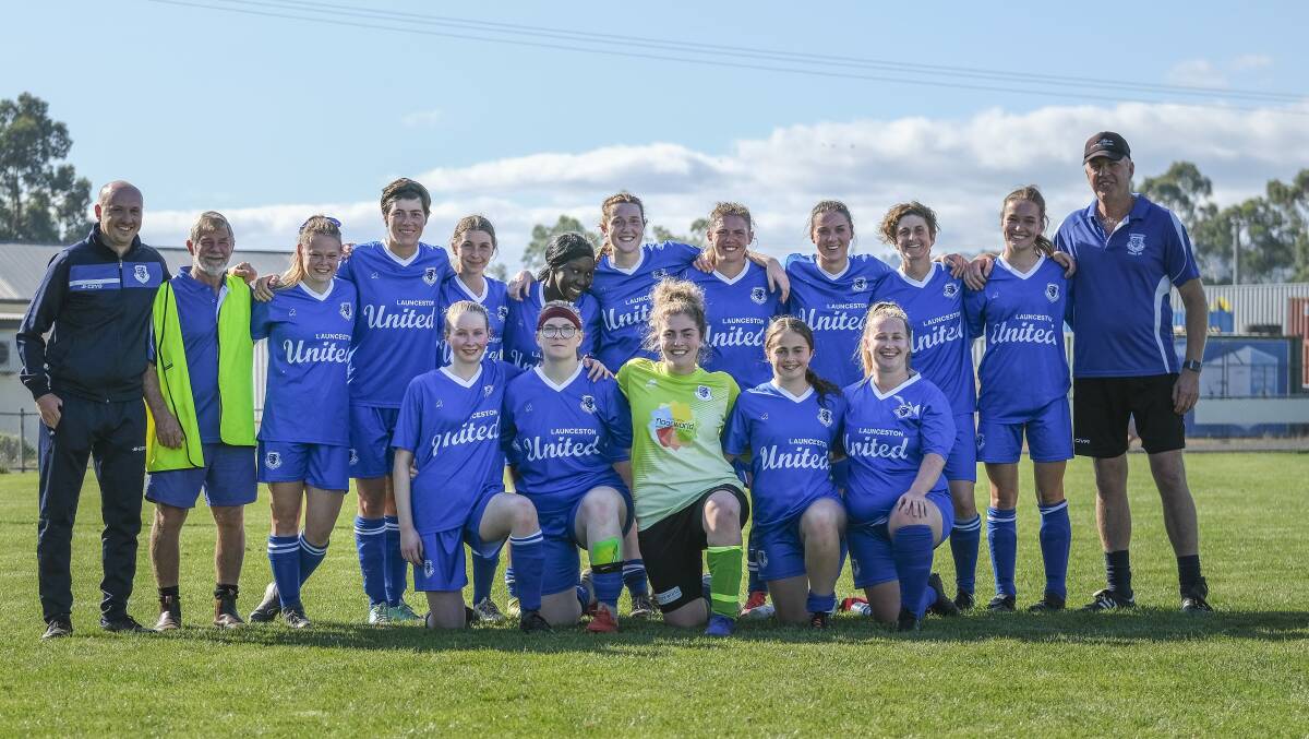 BLUE SKIES AHEAD: Launceston United players enjoy a team pic after recording their first win in the Women's Super League. Picture: Craig George