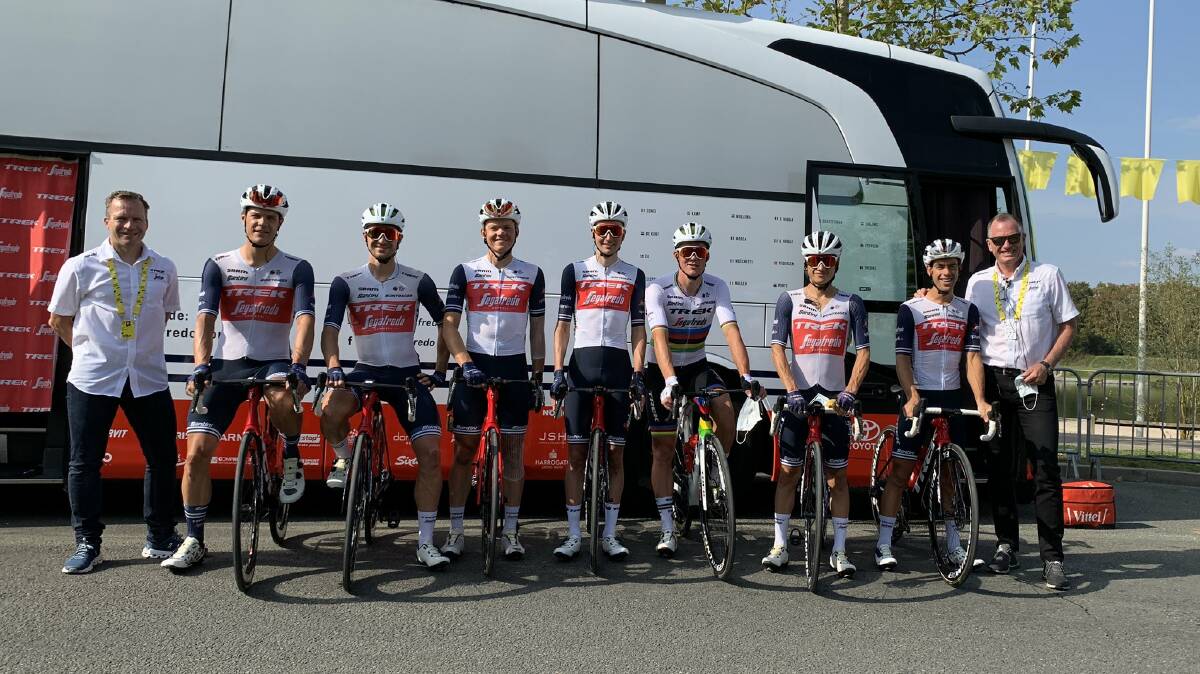 DREAM TEAM: Richie Porte (right) and the Trek-Segafredo teammates who helped deliver him to Paris. Picture: Twitter