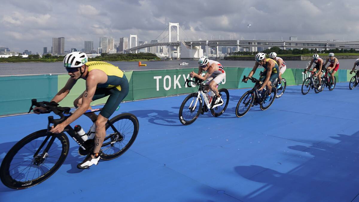 A BRIDGE TOO FAR: Jacob Birtwhistle during the bike leg of the men's individual triathlon at the Tokyo Olympics. Picture: AP