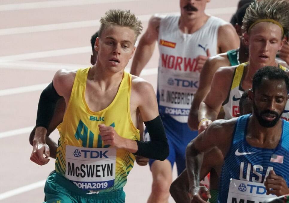 Elbow room: Stewart McSweyn is a picture of concentration during his 5000m heat at the world championships in Doha. Picture: Twitter