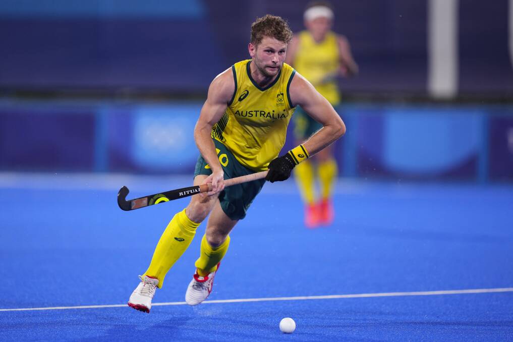 Josh Beltz in action for Australia against New Zealand at the Oi Hockey Stadium in Tokyo. Picture: AAP