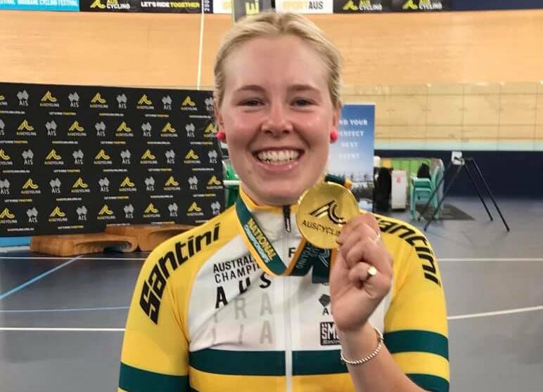 Lauren Perry won gold in the elite scratch race at the Australian track titles in Brisbane. Picture: Facebook