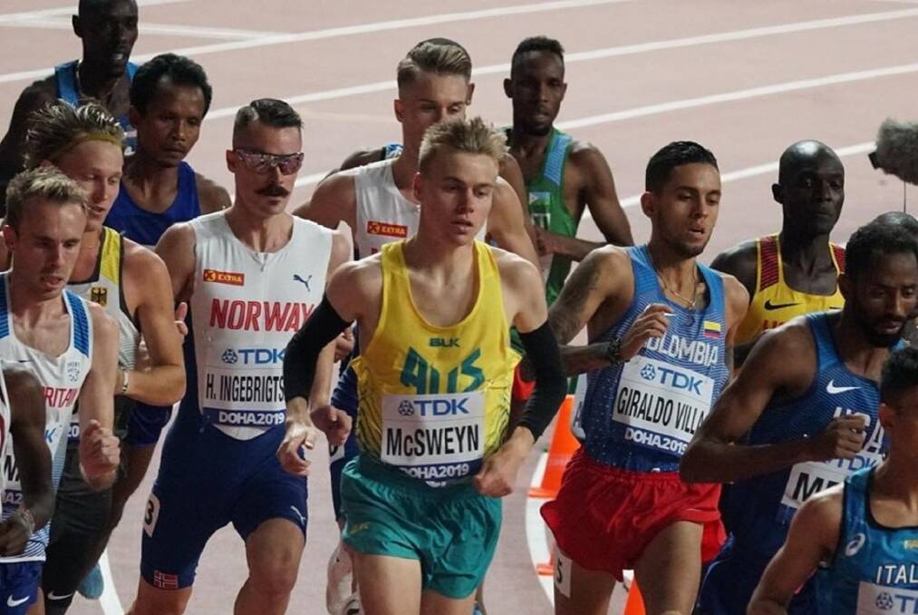 Pack hunter: Stewart McSweyn contesting the 5000m at the athletics world championships in Doha. Picture: Athletics Australia