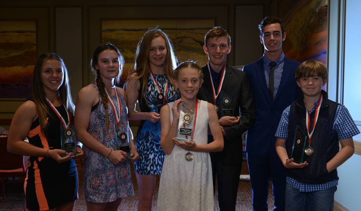 Talent pool: The Examiner's 2014 junior sport guest speaker Jake Birtwhistle with award winners Amy Halaby, Courtney Webb, Ariarne Titmus, Montana McKenzie, Bailey Groves and Lachlan Stewart. Picture: Scott Gelston