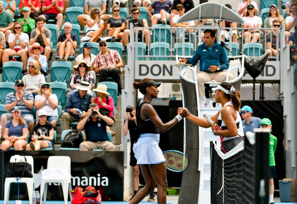Final countdown: A healthy crowd watched Asia Muhammad defeat Destinee Aiava in the women's final of the Launceston International on Sunday. Picture: Scott Gelston