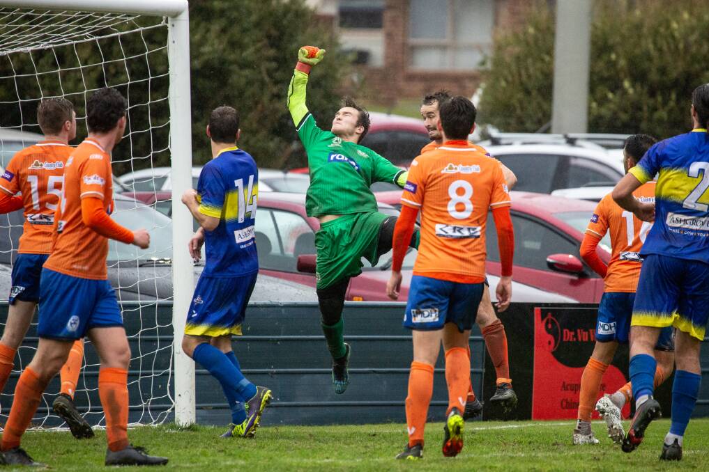 DEFENCE MINISTERS: Riverside keeper Will Ferrall and centre-back Ryan McCarragher stand tall against Devonport. Picture: Eve Woodhouse