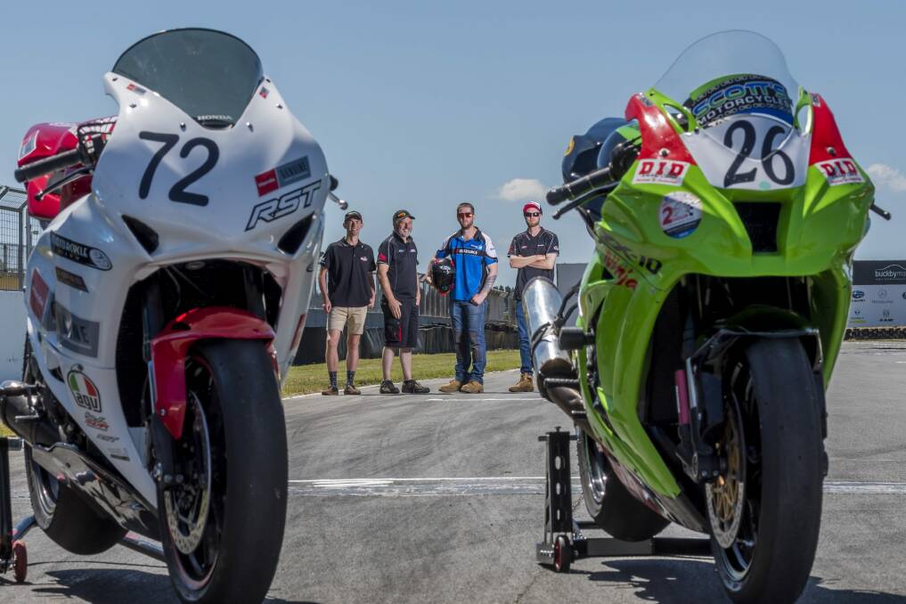 UNDER STARTER'S ORDERS: Supersport 300 rider Jesse Woods, superbike rider Jason Spencer, superbike rider Cody Travers and supersport 600 rider Mitchell Hawksley at a Superbike announcement at Symmons Plains. Picture: Phillip Biggs