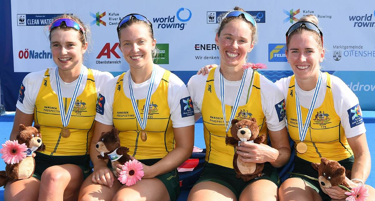 Australia's women's four crew of Katrina Werry (Victoria), Olympia Aldersey (South Australia) Sarah Hawe (Tasmania) and Lucy Stephan (Victoria) win a world championship in Austria, 2019. Picture: Rowing Australia