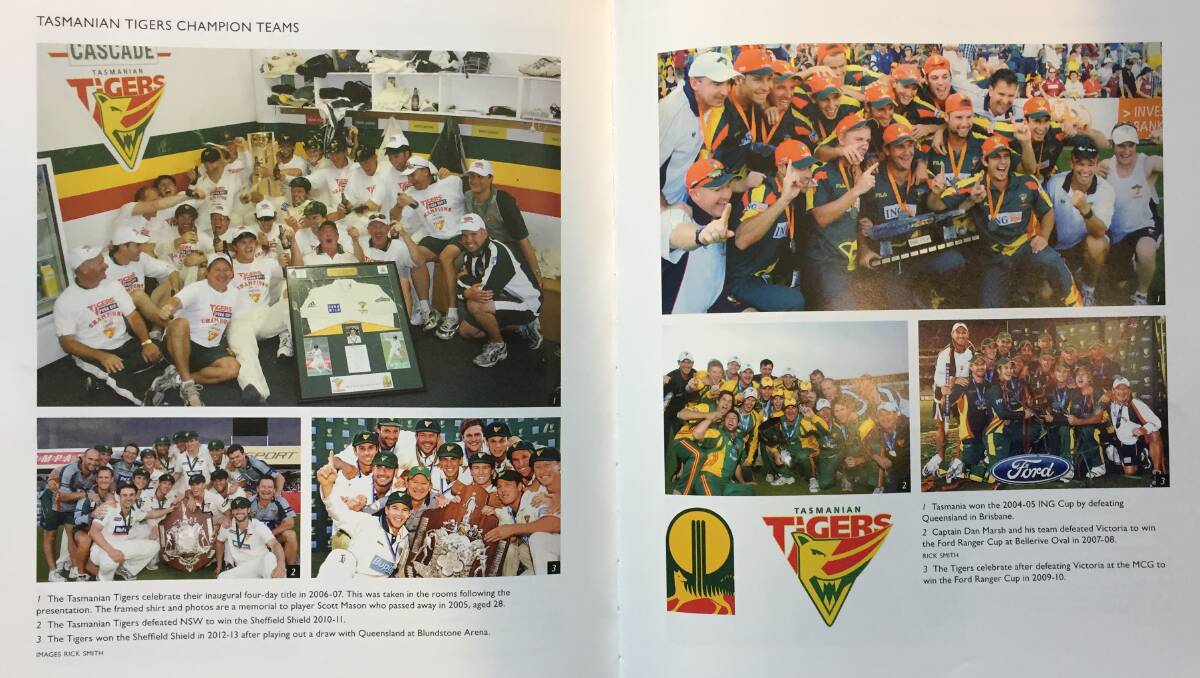 Runs on the board: A double-page spread from Tigers Roar - Celebrating Cricket Tasmania's 150th Anniversary.