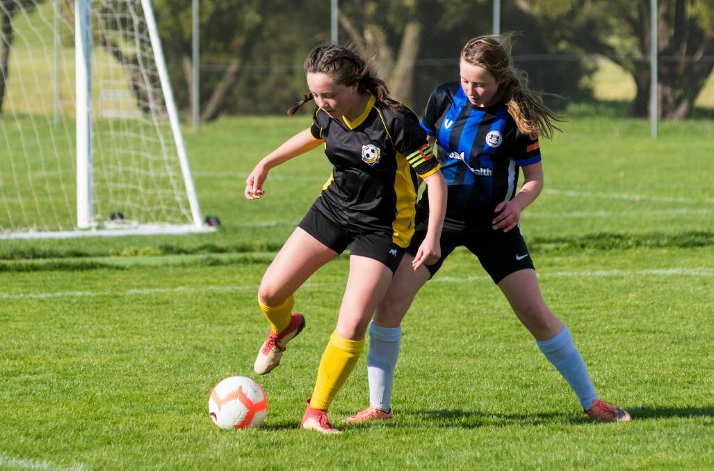 Darcie Reilly playing for the NTJSA under-16 rep team at the 2019 Launceston soccer tournament. Picture: Phillip Biggs 