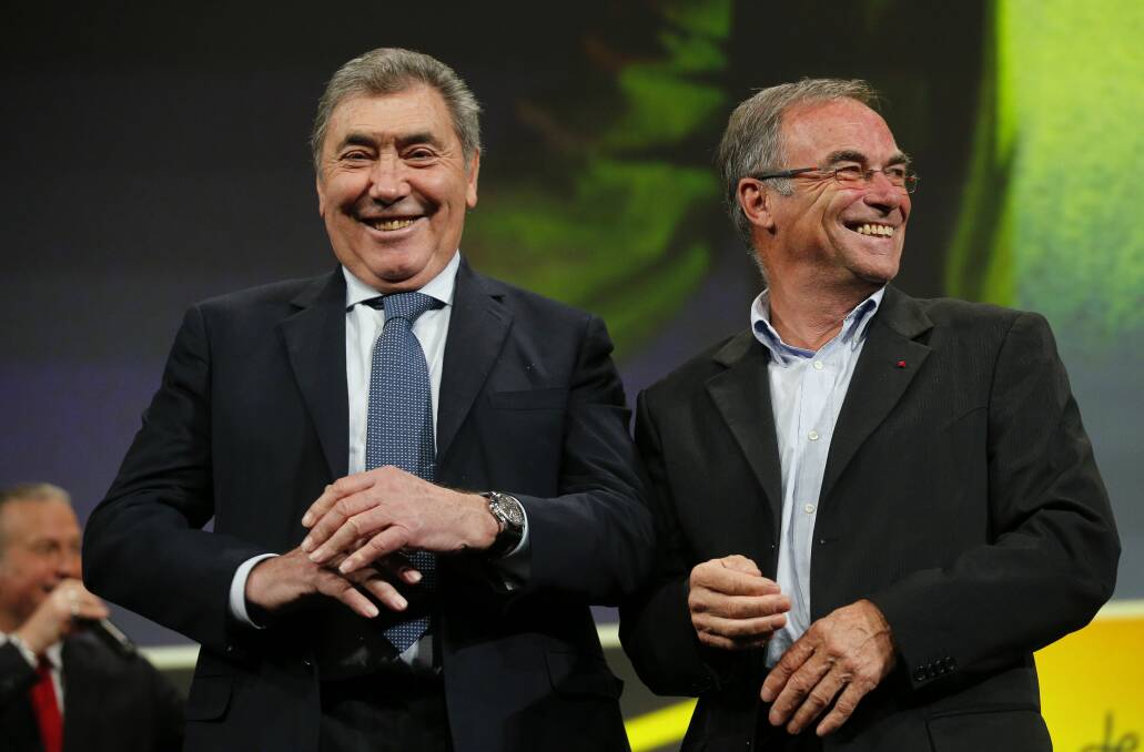 Five-time Tour de France winners Eddy Merckx and Bernard Hinault at the presentation of the 2019 Tour de France course in Paris in October, 2018. Picture: AP