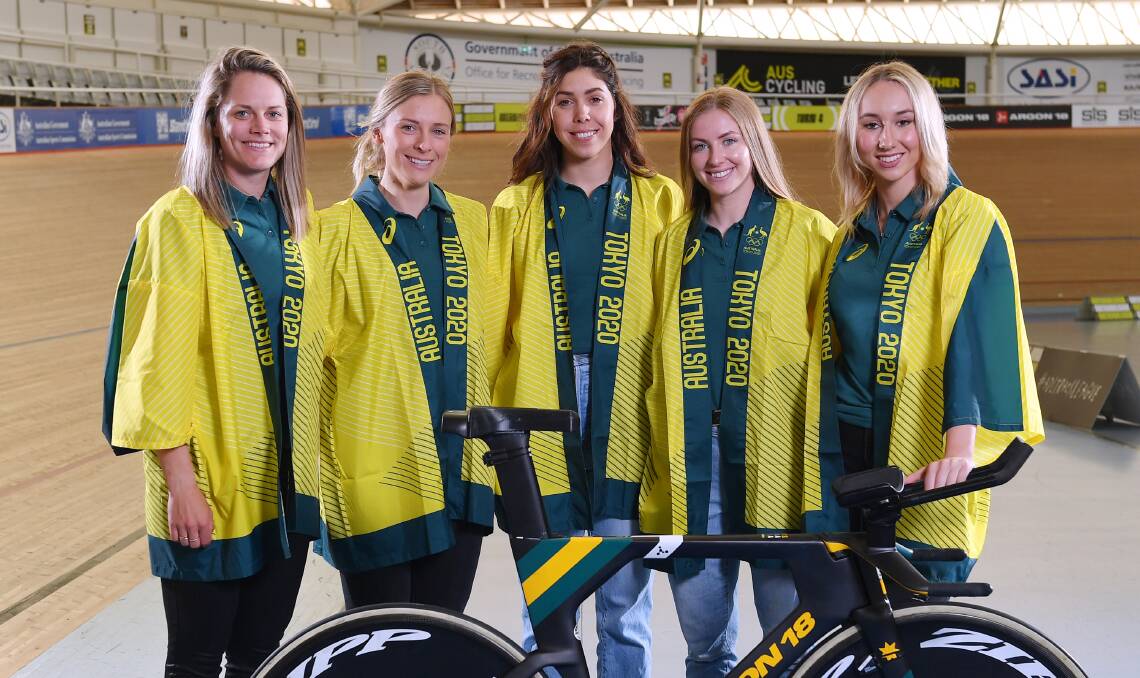 Australia's women's endurance track team for Tokyo, Ash Ankudinoff, Annette Edmondson, Georgia Baker, Alexandra Manly and Maeve Plouffe. Picture: AAP